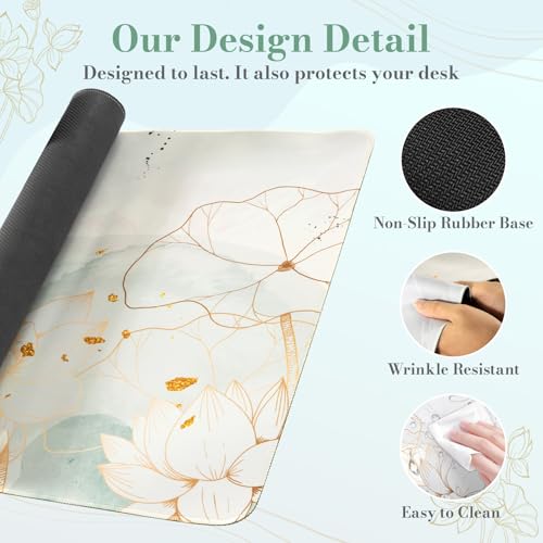 Image of iCasso Desk Cover Mat, Extra Large Lotus Mouse Pad, Desk Pad Mat,Office Matt for Desktop Protector, Anti-Slip XXL Big Mousepad with Stitched Edges for Laptop Computer Keyboard(Green Lotus Leaf)