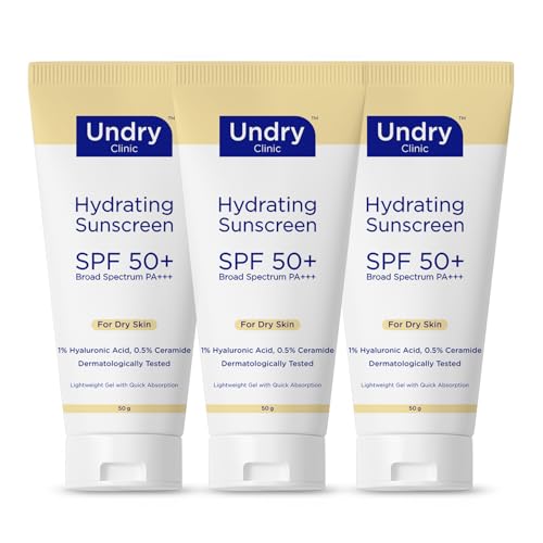 Image of Undry Hydrating Sunscreen SPF 50+ PA+++ for Dry Skin | Lightweight Gel with Hyaluronic Acid & Ceramide | Broad Spectrum, Quick Absorption | Dermatologically Tested | 50g Pack of 3