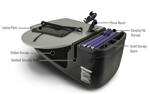 Image of AutoExec AE-RMCD-PM-GT Roadmaster Car Desk for Your Vehicle Workstation and Mobile Office, with Phone Mount | Adjustable Laptop Plate, Extends 3 Inches Past Edge, Seat-Belt Secured, Includes Velcro & Security Strap