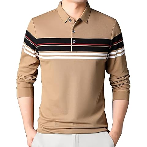 XTAPAN Men's Polo Shirt Cotton Casual Striped Polo T Golf Sport Shirt US L F1186 Khaki Cover