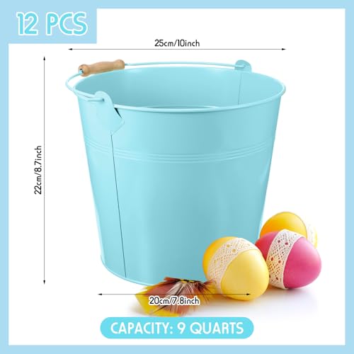 Image of Didaey 12 Pcs 9 Quart Large Galvanized Metal Buckets with Handle Inch Heavy Duty Stainless Steel Pails Round Pail for Party Wedding, Crafts, Utensils, Table Centerpieces (Light Blue)