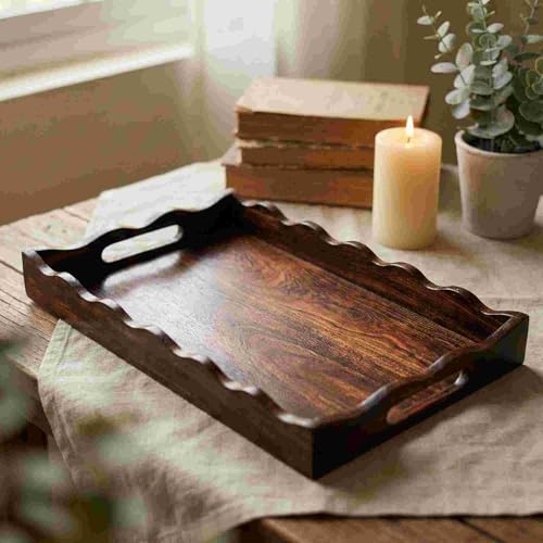 Image of Wooden Rectangular Serving Tray for Home & Kitchen - 13 x 9 Inch Antique Finish Breakfast, Tea & Snacks Tray with Handles for Dining Table, Coffee Table & Serving Guests