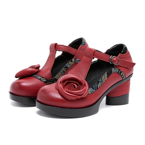 Women's Genuine Leather Flower Platform Chunky Heel Mary Jane Shoes Comfortable Wide Round Toe Non Slip Block Heel Dress Pumps for Party Bridesmaids Dating Fashion Sandals