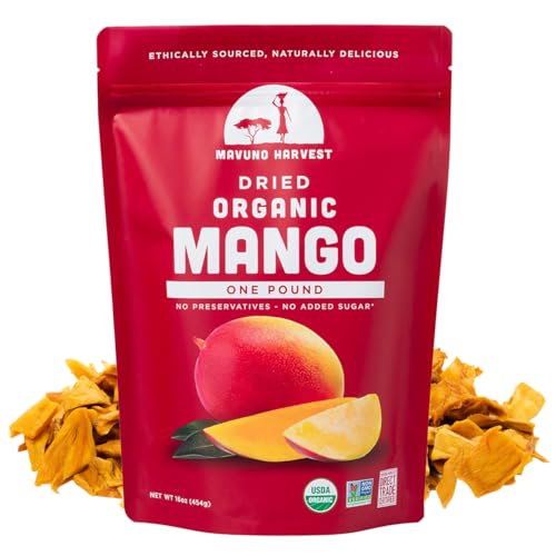 Mavuno Harvest Mango Dried Fruit Snacks | Unsweetened Organic Dried Mango Slices | Gluten Free Healthy Snacks for Kids and Adults | Vegan, Non GMO, Direct Trade | 1 Pound Resealable Bag