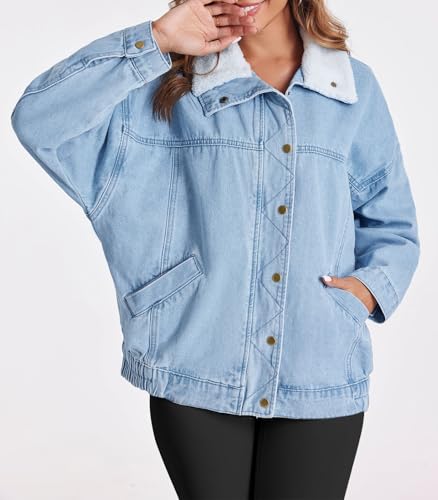 Tankaneo Womens Oversized Denim Jackets Sherpa Collar Button Down Jean Jacket Fall Warm Shacket Coats4