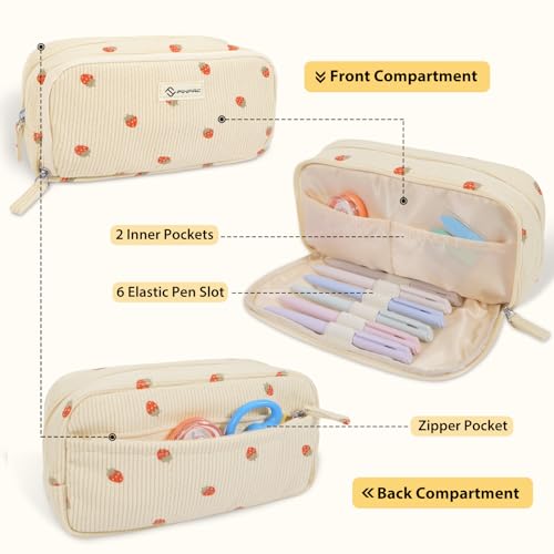 Image of FINPAC Pencil Case, Corduroy Triangle Makeup Bag, Kawaii Pen Bag Pouch Holder Box Organize for Study, Office, or Travel, Strawberry 2