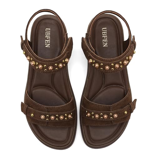 Image of UBFEN Womens Flat Sandals with Adjustable Back Strap, Arch Support | Beaded, Open Toe, Slingback, Casual, Comfortable for Walking, Vacation and Travel