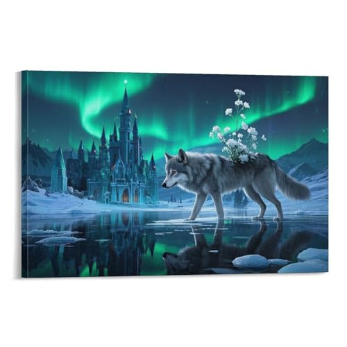 Tableau loup et aurore boréale impression sur toile 40x60cm pour décoration murale