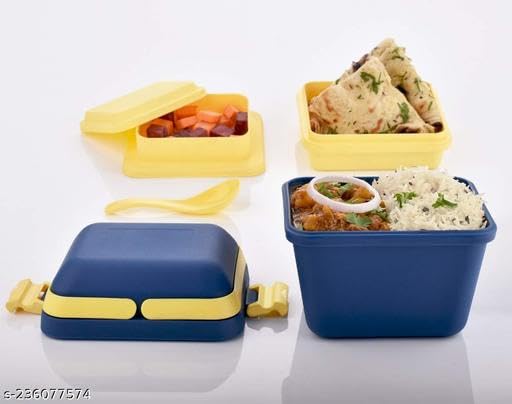 Image of Lunch Box / 3 Compartment Tiffin with Handle & Push Lock | Plastic Tiffin Box for Travelling, School Kids & Office Exclusive (Gray) (17 -P030)