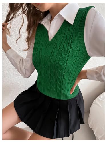 Image of Milumia Women's Cable Knit V Neck Sweater Vest Sleeveless Ribbed Crop Tank Top