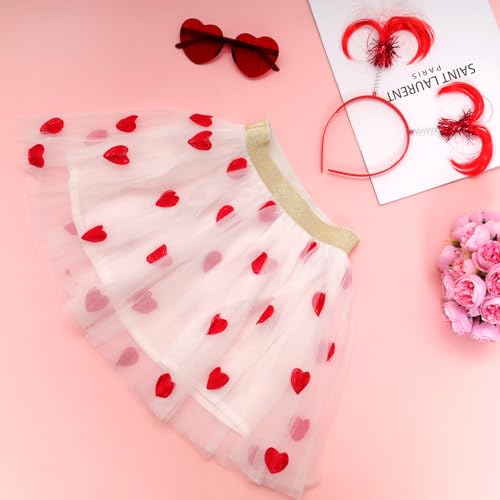 Image of 3Pcs Valentine's Tulle Skirt Sets Heart Embroidered Ballet Skirt with Heart Glasses Ponytail Headband for Girls