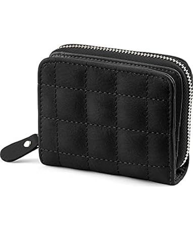 SYGA PU Leather Mini Zipper Wallet for Women, Black - Checked Pattern