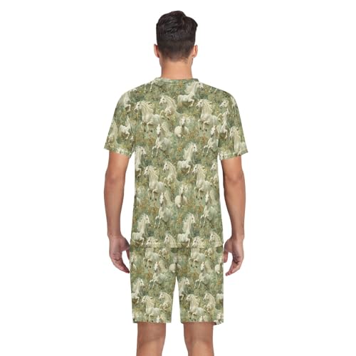 Laprad Men's Pajamas Set Short Sleeve Sleepwear Horses Floral Comfortable Loungewear3