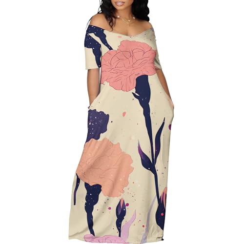 Xolivan Off The Shoulder Dresses for Women Boho Floral Print Summer Maxi  Dress Casual Short Sleeve One Shoulder Basic Club Party Loose Plus Size  Sundress with Pockets Bisque,S at Amazon Women's Clothing