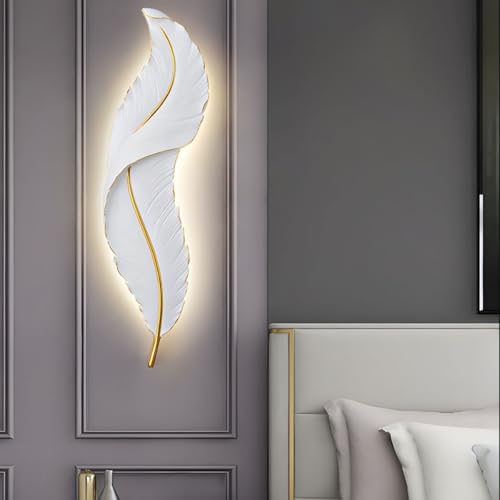 Image of Resin Antique Feather Wall Sconce|Snowy Quill Decorative Wall Light for Living Room, Hallway, Kitchen & Office- Warm White, Cool White, Natural White (White+Golden)