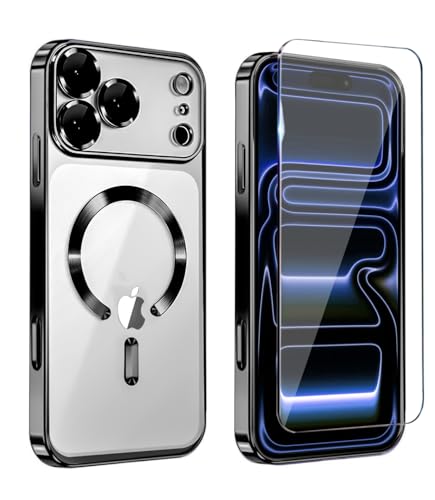 Image of Magnetic Glossy Case for iPhone 17 Pro,iPhone 17Pro Phone Case Slim Clear Luxury with Screen Protector & Camera Protector [Compatible with MagSafe], Shockproof Cover for iPhone Pro 17-Black