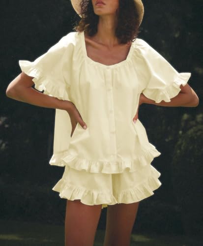 Image of Womens Fashion Summer Short Sets Short Sleeve Button Down Ruffle Trim Top and Shorts Cotton Pajama Sets