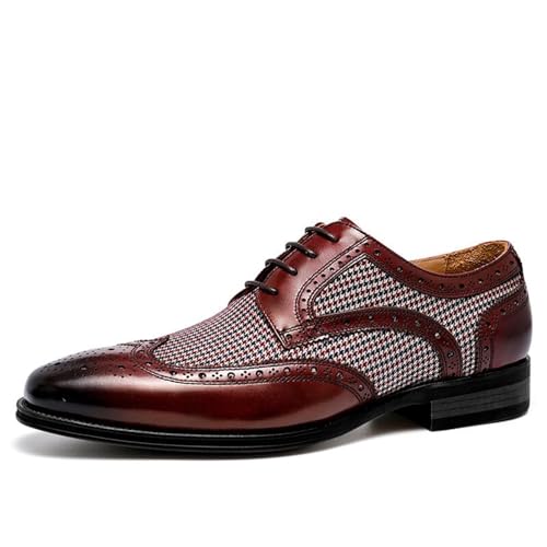 Mens Plaid Wingtip Oxfords Fashion Leather Round Toe Low Block Heel with Lace-Up Formal Brogues for Business Wedding Prom Work Daily