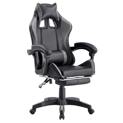 Brigros - Sedia da Gaming Racing Ergonomica Reclinabile con Braccioli, Poltrona Ufficio Girevole con Rotelle, Poggiapiedi, Poggiatesta e Cuscino Lombare in Similpelle, Portata: 125kg (Grigio)