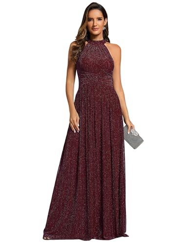 Ever-Pretty Damen Ballkleider Maxi Abendkleid mit Halterneck Ärmellos für Hochzeiten Festliche Anlässe Burgund 38