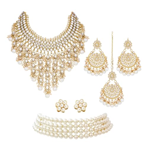 Image of Peora Kundan & Beads Studded Necklace Earrings & Maangtikka Set Ethnic Jewellery for Women & Girls