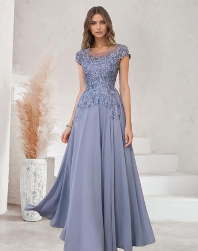 ALEESHUO Chiffon Mother of The Bride Dresses with Cap Sleeve Lace Applique Long Formal Dress for Wedding FLPW3453