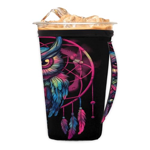 Dream Catcher Owl Reusable Neoprene Coffee Sleeve with Handle Insulated Iced Coffee Cup Holder Reduces Condensation Fits 24-28 oz Cups M