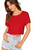 SweatyRocks Women's Casual Round Neck Short Sleeve Soild Basic Crop Top T-Shirt Red Small