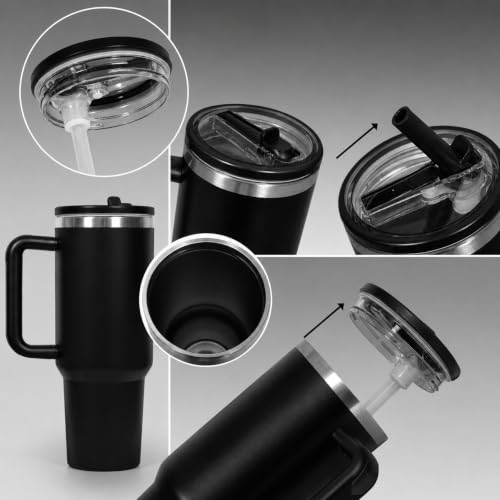 Image of Stainless Steel 1200 ml Vacuum Tumbler with Lid & Straw - Double‑Wall Insulated Cup for Travel, Gym & Office - Keeps Beverages Hot or Cold - 1.2 L Capacity (Black with Silver line)