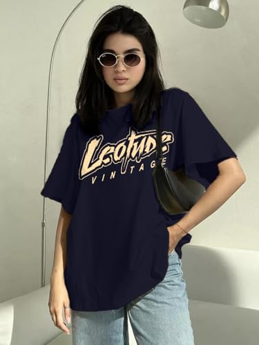 Image of LEOTUDE Women's Oversized Round Neck Half Sleeve Cotton Blend Graphic Printed T-Shirt | Top for Women & Girls (Color: Blue)
