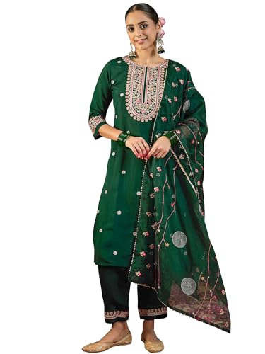 Image of INDO ERA Women's Embroidered Poly Silk Straight Kurta & Pant with Dupatta Set (SHTUR7223)