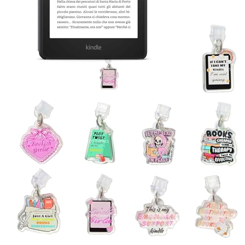 Tostmrks E-Reader Charms Set - 9 Pcs Custom Acrylic Dust Plugs for Kindle Type C Devices Fun Book Lover Accessories Protects Ports Adds Color for Students And Teacher