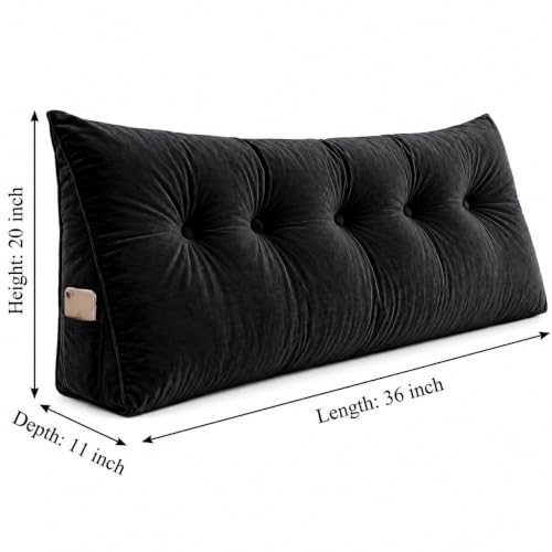 Image of Luxury Velvet Tufted Wedge Pillow with Side Pocket - Soft Headboard Back Support Cushion for Bed, Sofa & Floor Seating - Black Color