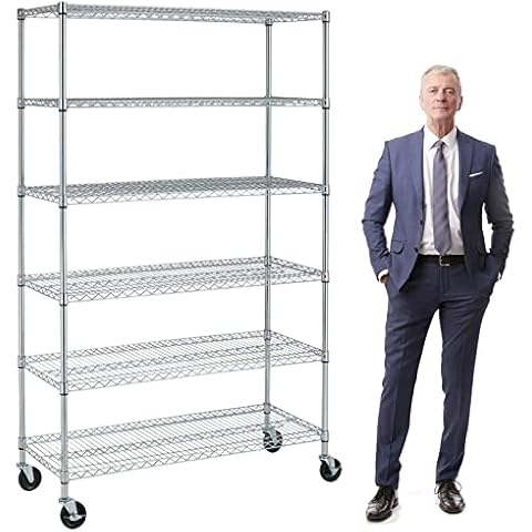 TYNB, Metal Storage Rack 6000 Lbs Capacity, 6 Tier Metal Shelf with Wheels 48In L×18In W×76In H NSF Height Adjustable Movable Heavy Duty Wire Shelving Unit, Chrome, 776 c Cover