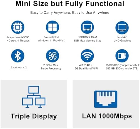 UXX 2026 Mini PC, N5095 Desktop Computer, 8GB DDR4X RAM/256GB M.2 2280 SSD+Expandable M.2 2242 SSD+M.2 WiFi, 4K Triple Display with Mouse/USB/BT/LAN/HD/Type-C-Black (Gold) - 4
