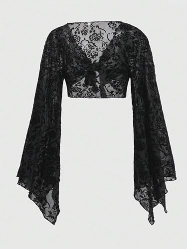 SHENHE Women's Plus Size Floral Mesh Deep V Neck Bell Sleeve Tie Front Sexy Goth Crop Top2
