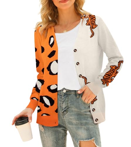 Leopard Tiger Print Cardigan Women: V Neck Color Block Sweater Long Sleeve Animal Print Outfits for Women2