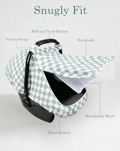 Image of DILIMI Car Seat Covers for Babies, Muslin Cotton Baby Car Seat Cover with Breathable Mesh Window, Summer Infant Car Seat Canopy for Boys Girls Newborn, Green Plaid