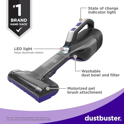 BLACK+DECKER dustbuster Reveal Pet Hair Vacuum, Hand Held Vacuum Cordless Portable for Home and Car, Rechargeable, LED Light, Powerful Suction, Includes Pet Brush and Crevice Tool (HLVD320BP07) - image 3