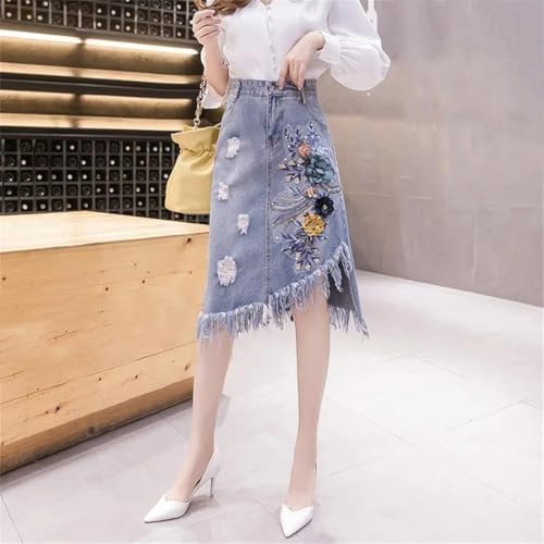 Women's Fringe Embroidery Midi High Waist Jeans Skirts Solid A Line Hole Denim Skirt3