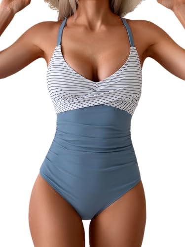 B2prity Women's One Piece Swimsuits Tummy Control Front Cross Bathing Suits Tie Back Slimming V Neck...