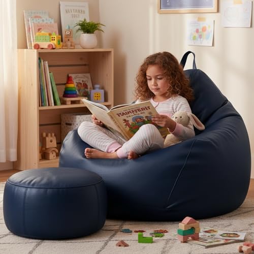 Image of KAM'S LIEU 5XL Bean Bag Combo with Footrest & Cushion | Filled with High Density EPS Beans | Comfortable Sofa for Living Room & Bedroom | 6 Months Warranty, Color- (Navy Blue, 5XL, Classic)