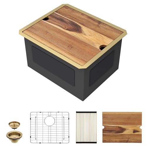 Image of 21 inchx18 inch Undermount Laundry Utility Sink Workstation - Brushed Gold NANO-PVD, 16 Gauge 304 Stainless Steel, 12 Inch Deep Single Bowl Sink Basin for Laundry Room, RV or Utility Use