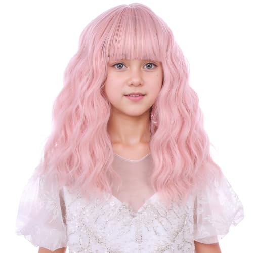 Image of Children Pastel Pink Wig Kids Short Light Pink Wavy Curly Wigs Girls Wig with Air Bangs Synthetic Cosplay Hair Wigs