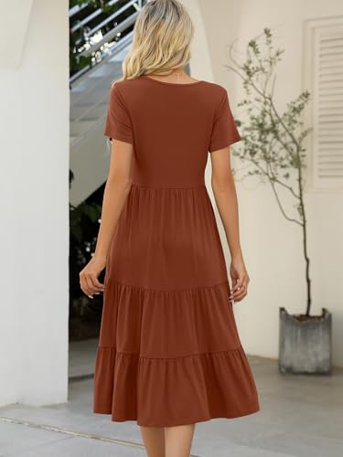 Image of Lyrur Women's Dresses Casual Summer Tiered Midi Dress Short Sleeve Belted Ruffle Babydoll Boho Sundress with Pockets
