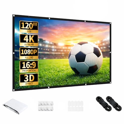 Aurzen 120-Inch Projector Screen, 16:9 4K HD, Foldable Anti-Crease, Portable Double-Sided Screen for Indoor/Outdoor Home Theater & Backyard, White (120 inches)