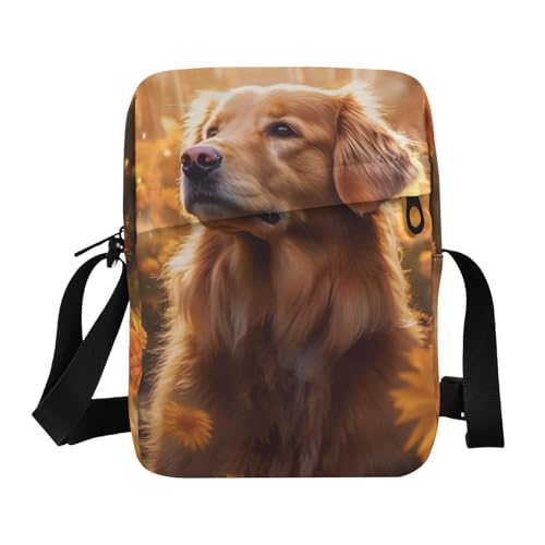 Golden Retriever Dog Sling Bag Zipper Closure Crossbody Messenger Bag with Card Phone Passport Compartment 6.6×9.4×2.5 inches