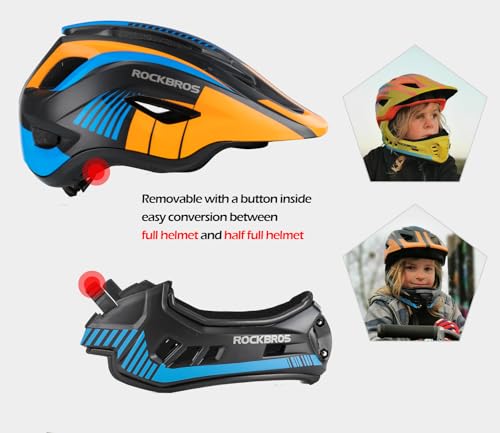 Foto von ROCKBROS Kinderhelm Integriert Fahrradhelm Kinder Jugend Fullface Helm mit Abnehmbarem Kinnschutz BMX MTB Downhill Helm M 54-57cm Blau