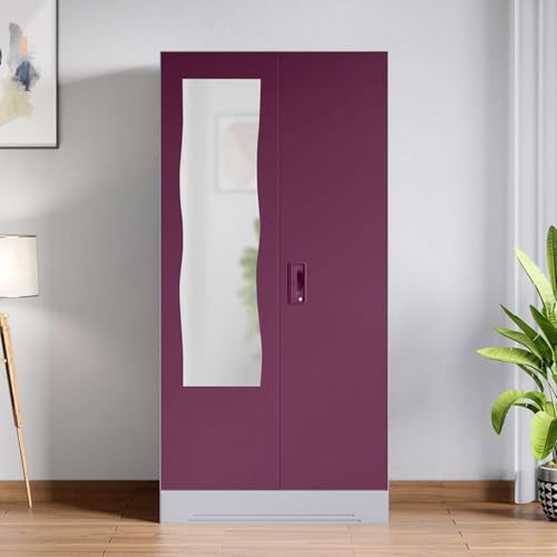 Image of Interio by Godrej Almirah Slimline 2-Door Steel Almirah, Cupboard for Clothes (Purple), 1-Year Warranty, 1 Locker, 4 Shelves and Curvilinear Mirror