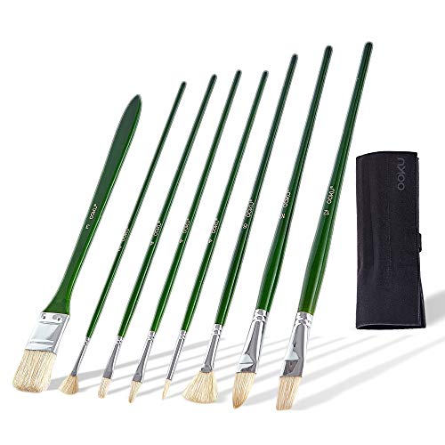 OOKU 8 Pc Paint Brush Set, 100% Natural Hog Bristle Paint Brushes for Acrylic Oil Painting, Canvas, Art Brushes | Acrylic Brush for Adults, Kids, Artist Painting, Drawing & Art Supplies | Wool Pouch